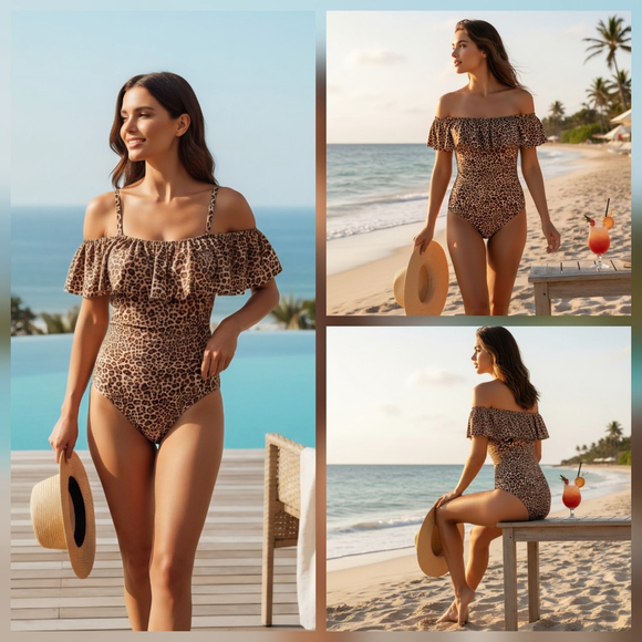 Tahari One piece Ruffle Strapless Swimsuit Bathing Suit LARGE Cheetah Leopard - Picture 3 of 13